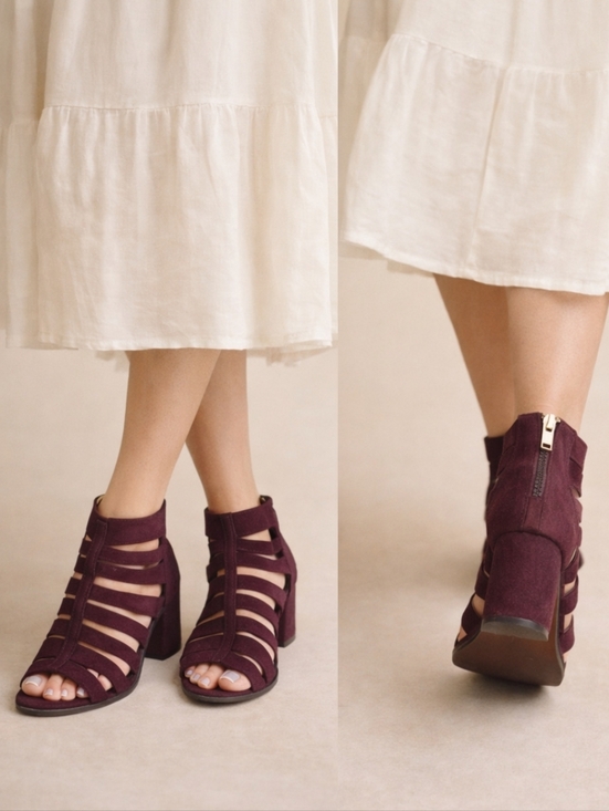 Shoes - Brash Plum Suede Strappy Block Heel Sandals Boho Cutout Zip Back Size 8